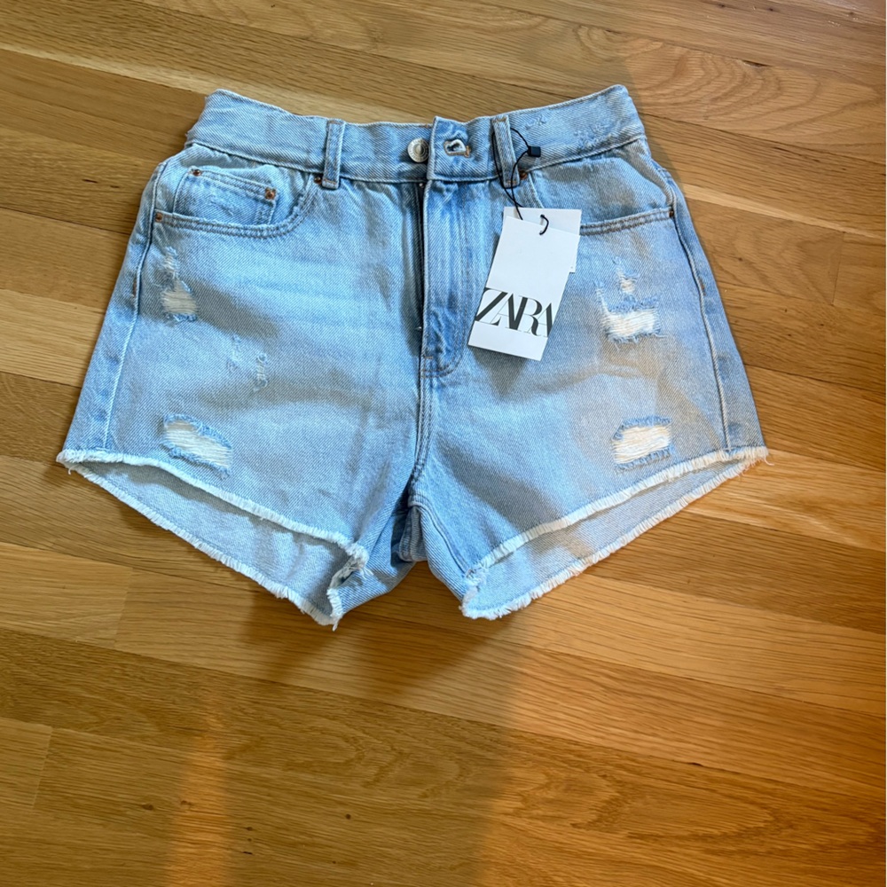 Zara Light Blue Distressed Denim High-Waist Shorts